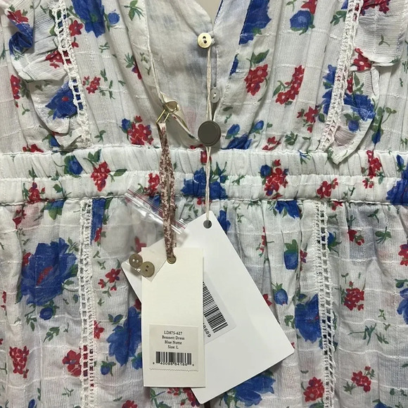 LoveShackFancy “Bennett” Mini Floral Ruffle Dress - NWT, SZ L White Blue and Red - Picture 14 of 14